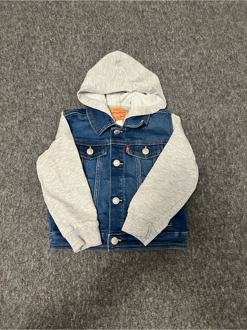 Levi’s Toddler Hooded Denim Jacket 24M Blue Jean Gray Sweatshirt Sleeves